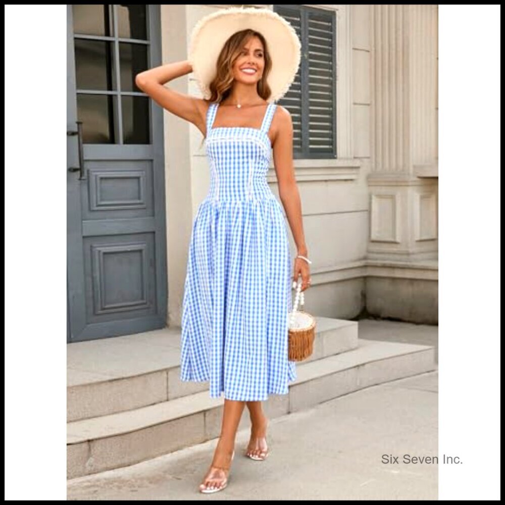 Corset Midi Dress Flowy Square Neck Sleeveless Lace Wedding Guest with Pockets - Picture 3 of 7